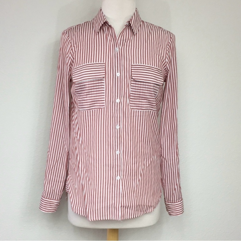 Express Women's Red Brown White Stripe Button Blouse Shirt Size Small Classic